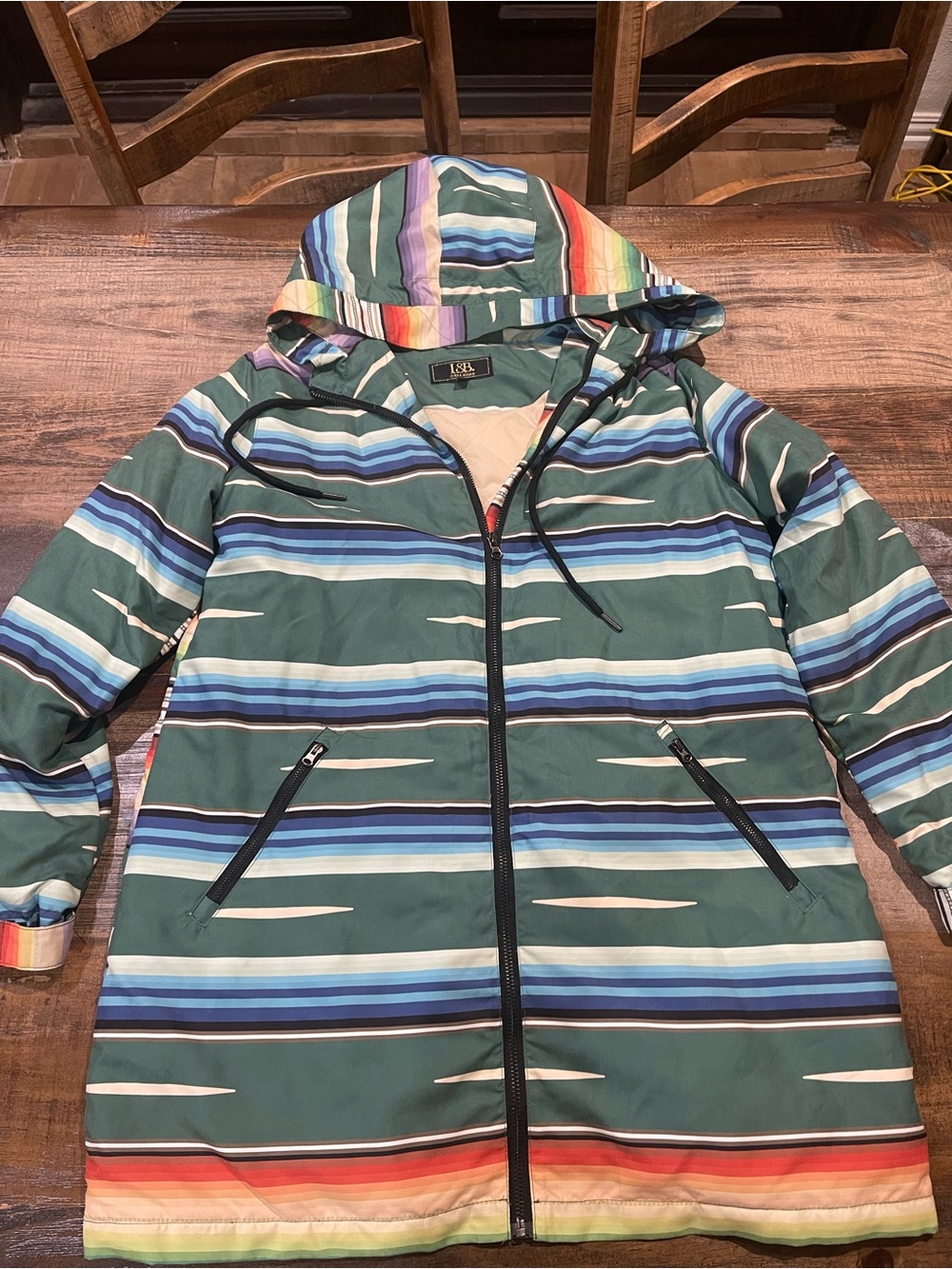 L&B Green Striped Hooded Raincoat with Multicolor Accents